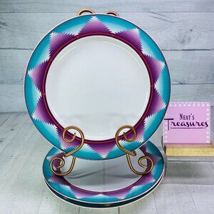 Furio MERIDA Aqua And Purple Geometric Rim Smooth Ceramic Dinner Plates Set of 3